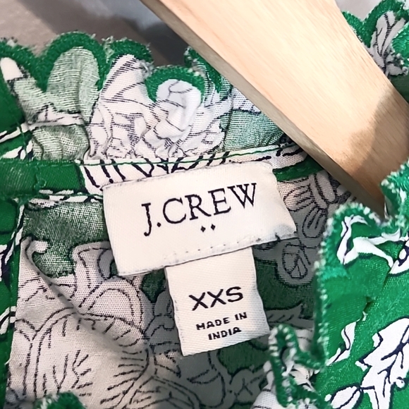 J. Crew Floral Cotton Poplin Ruffle Neck Top Size XXS Green White Summer Comfy - Picture 5 of 7